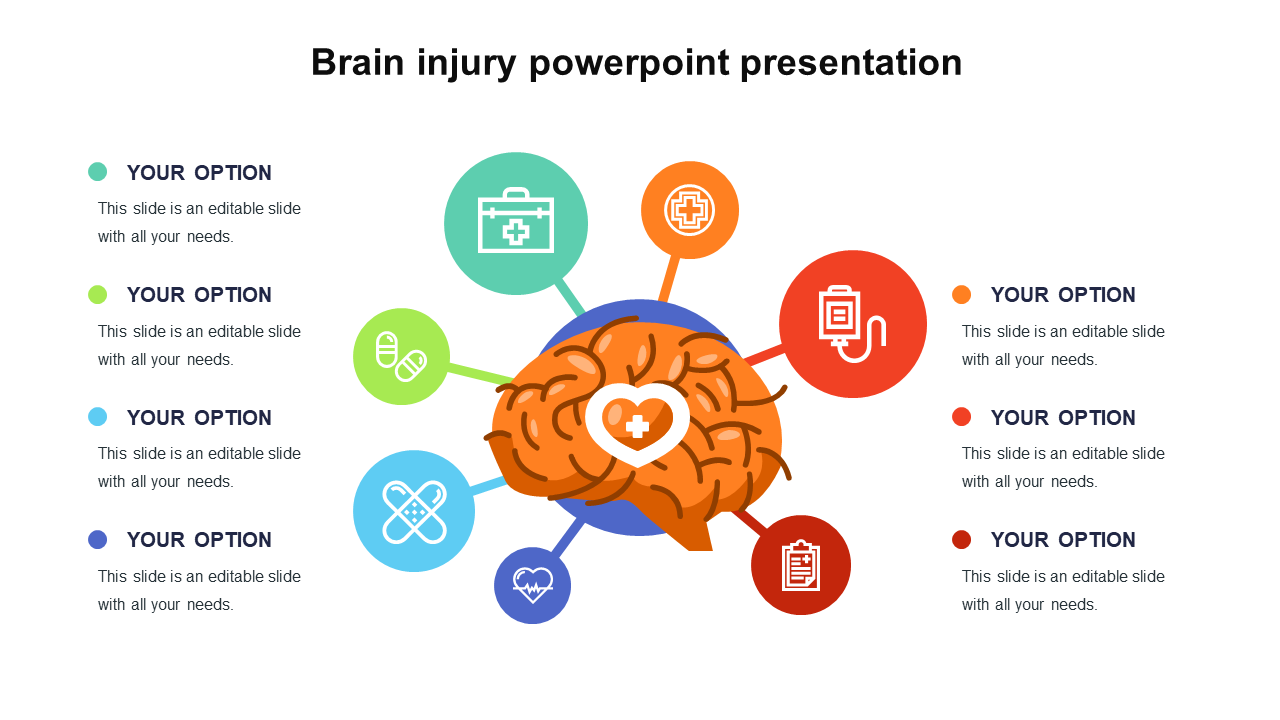 Central brain illustration with seven colorful icons radiating outward, each linked to various medical symbols.