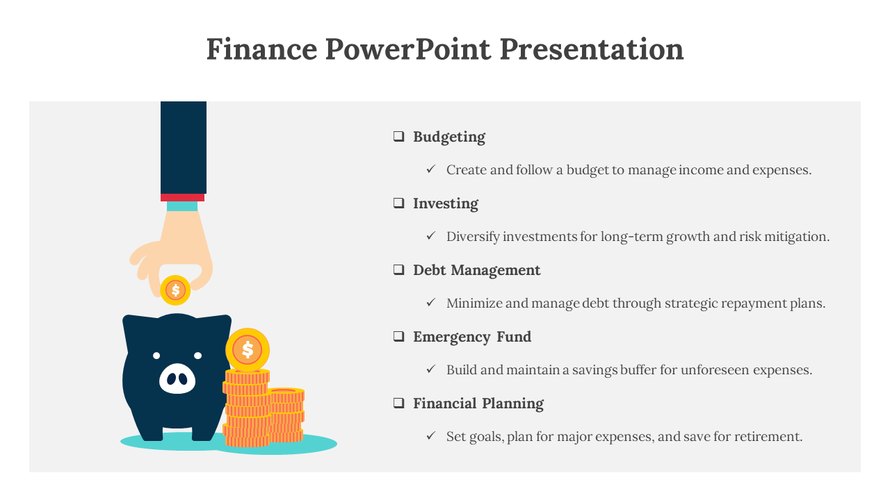 Finance slide showing budgeting, investing, debt management, emergency fund, and financial planning with a piggy bank.