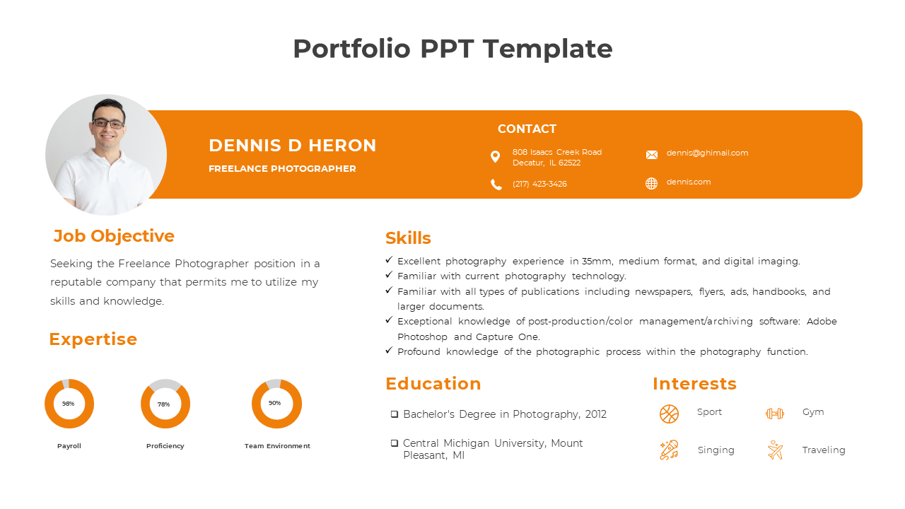 Circular profile picture with orange highlights, skill ratings in pie charts, and textual sections for job and education.