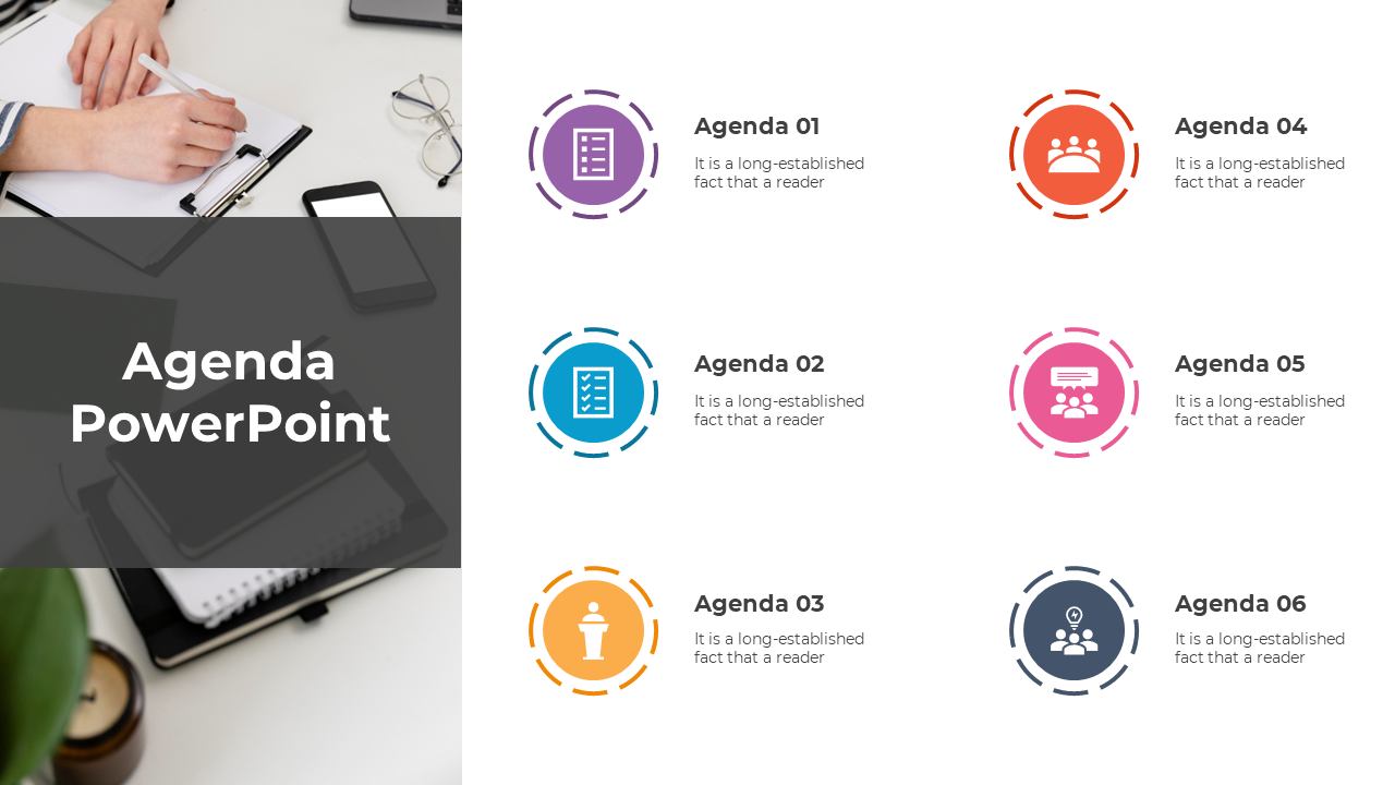 Agenda slide with a left aligned image under a black overlay and six colorful circular icons on the right.