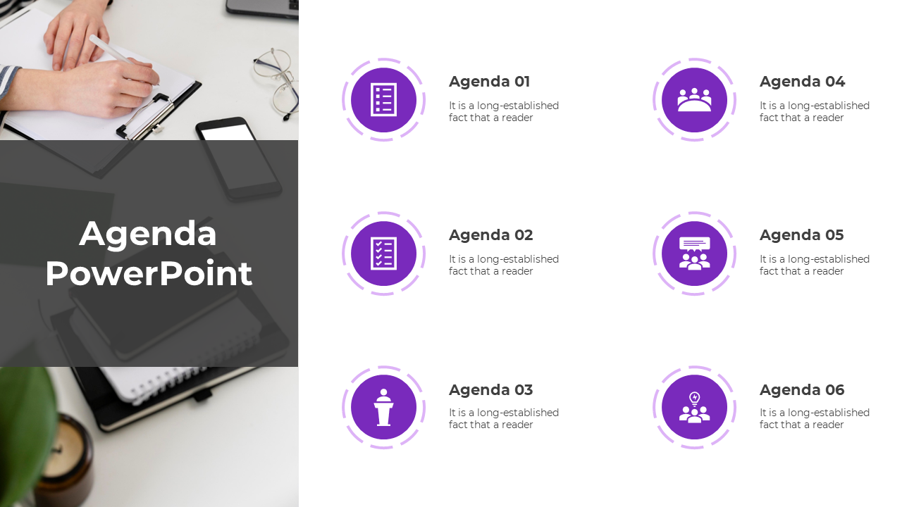 Agenda slide with a dark overlay on the left and six purple circular icons with agenda items on the right.