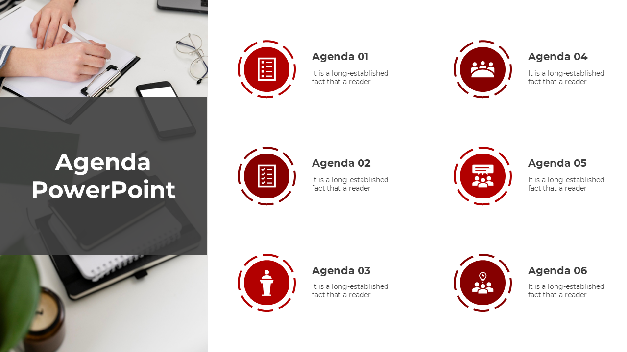 Agenda PowerPoint slide featuring six sections, each with an icon and numbered labels with placeholder text.