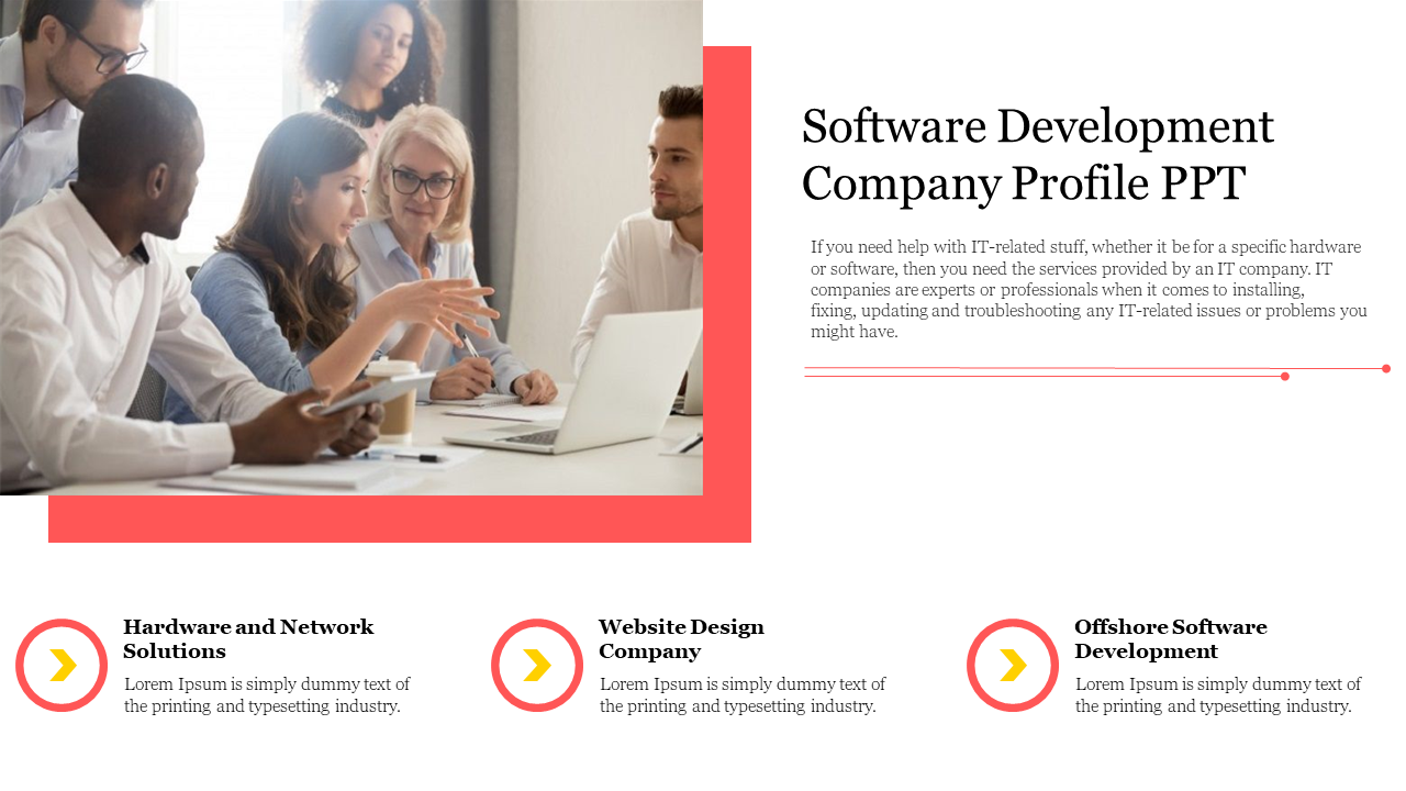 Software development company profile with a bordered photo of team meeting with three caption areas below.