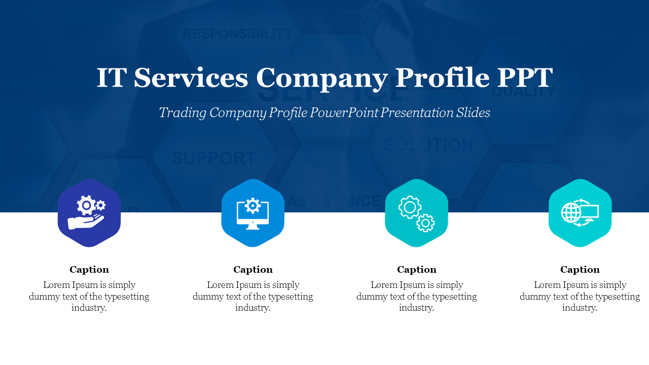 IT services company profile slide with four colored icons representing services and placeholder text for descriptions.