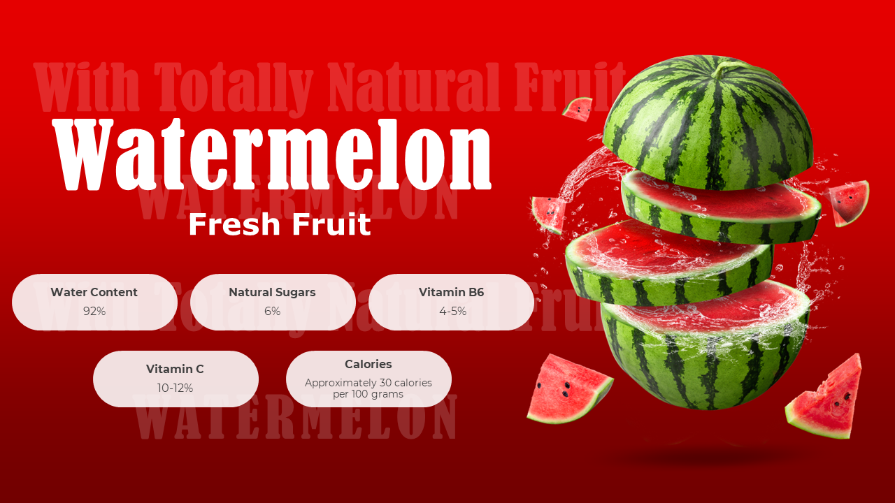 Sliced watermelon with water splash on a red background, surrounded by nutritional informative icons.