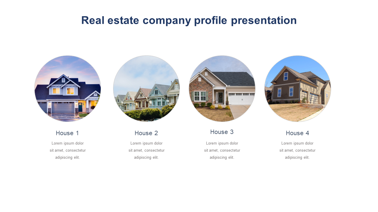 Slide featuring four house images in circular shapes with descriptive text placeholders,  for a real estate company profile.