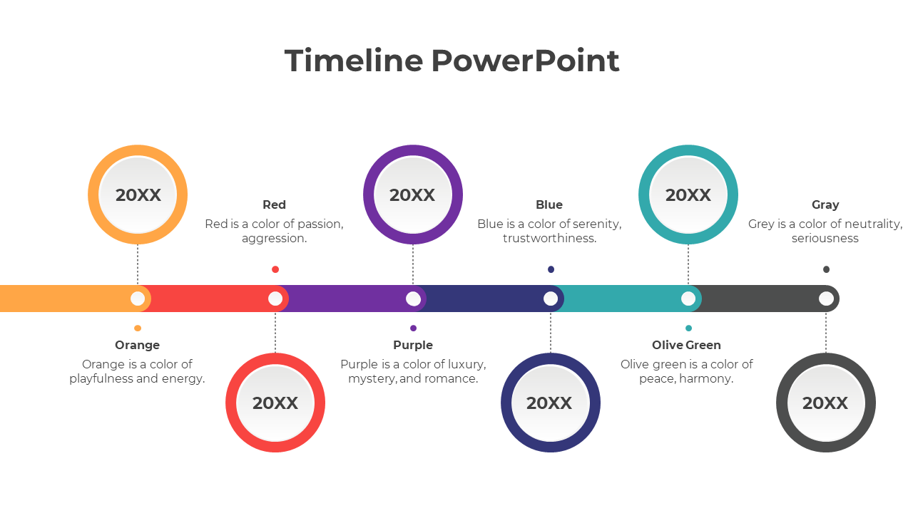 Horizontal timeline with orange, red, purple, blue, teal, and gray rings connected by a multicolor horizontal bar.