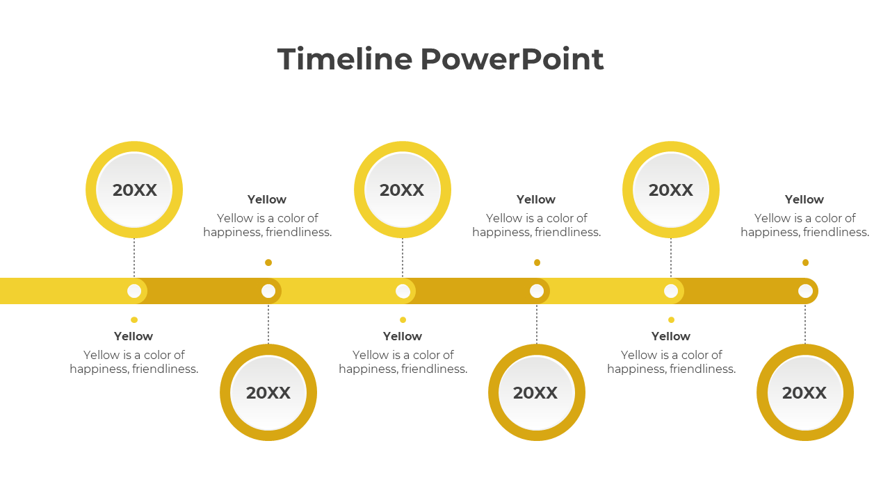 Horizontal timeline with six yellow circular milestones, on a gradient bar, and dotted connectors on a white background.