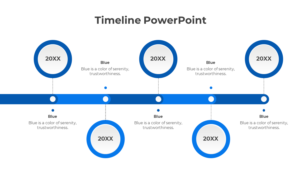 Timeline with five blue rings, featuring black text, connected from a gradient horizontal connector bar.