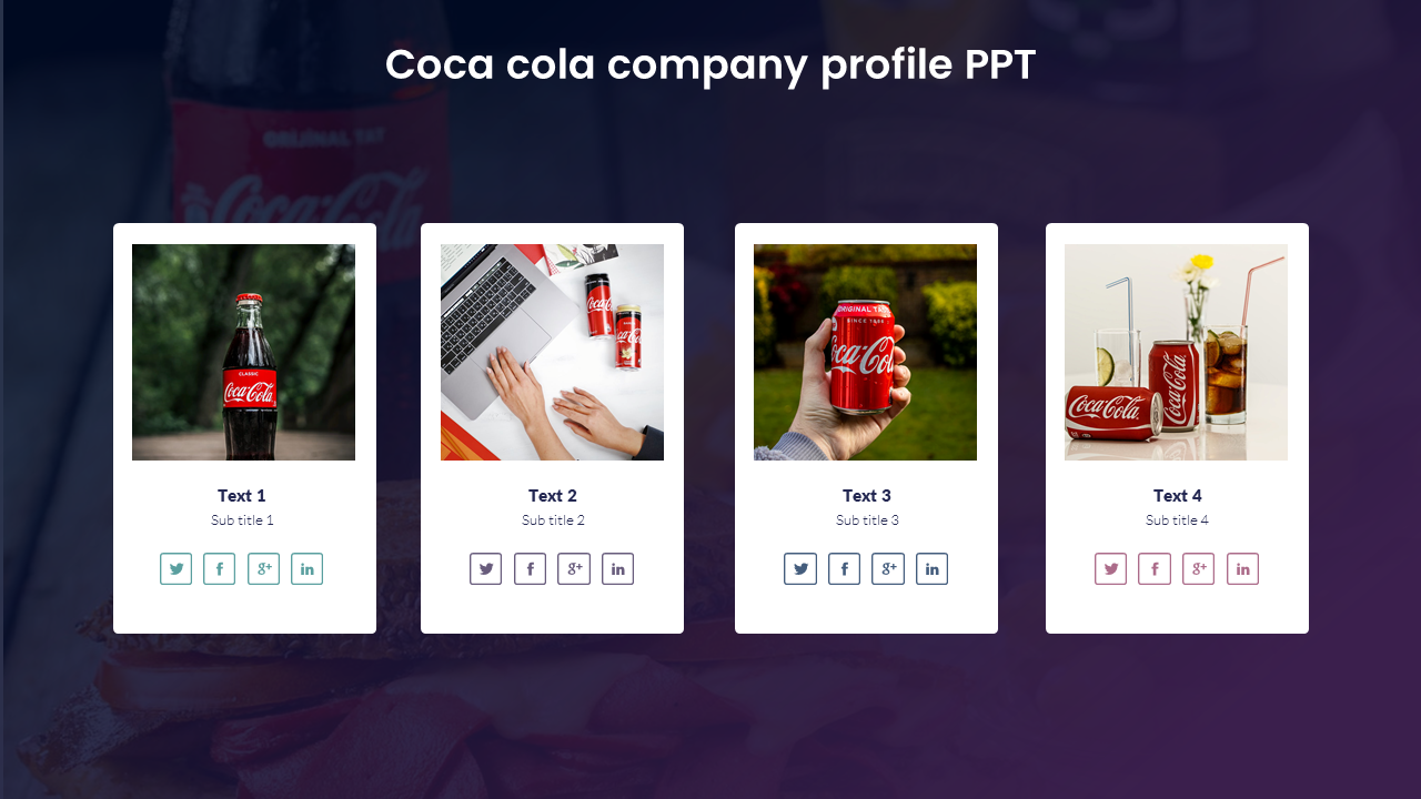 A slide featuring coca cola bottles and cans in four image cards, each with text, subtitle, and social media icons underneath.