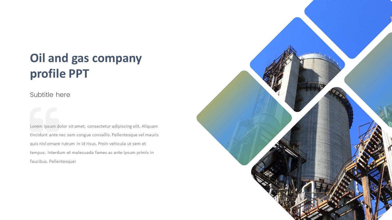 Oil and gas company profile slide with an industrial plant image arranged in diamond shapes and placeholder text on the left.