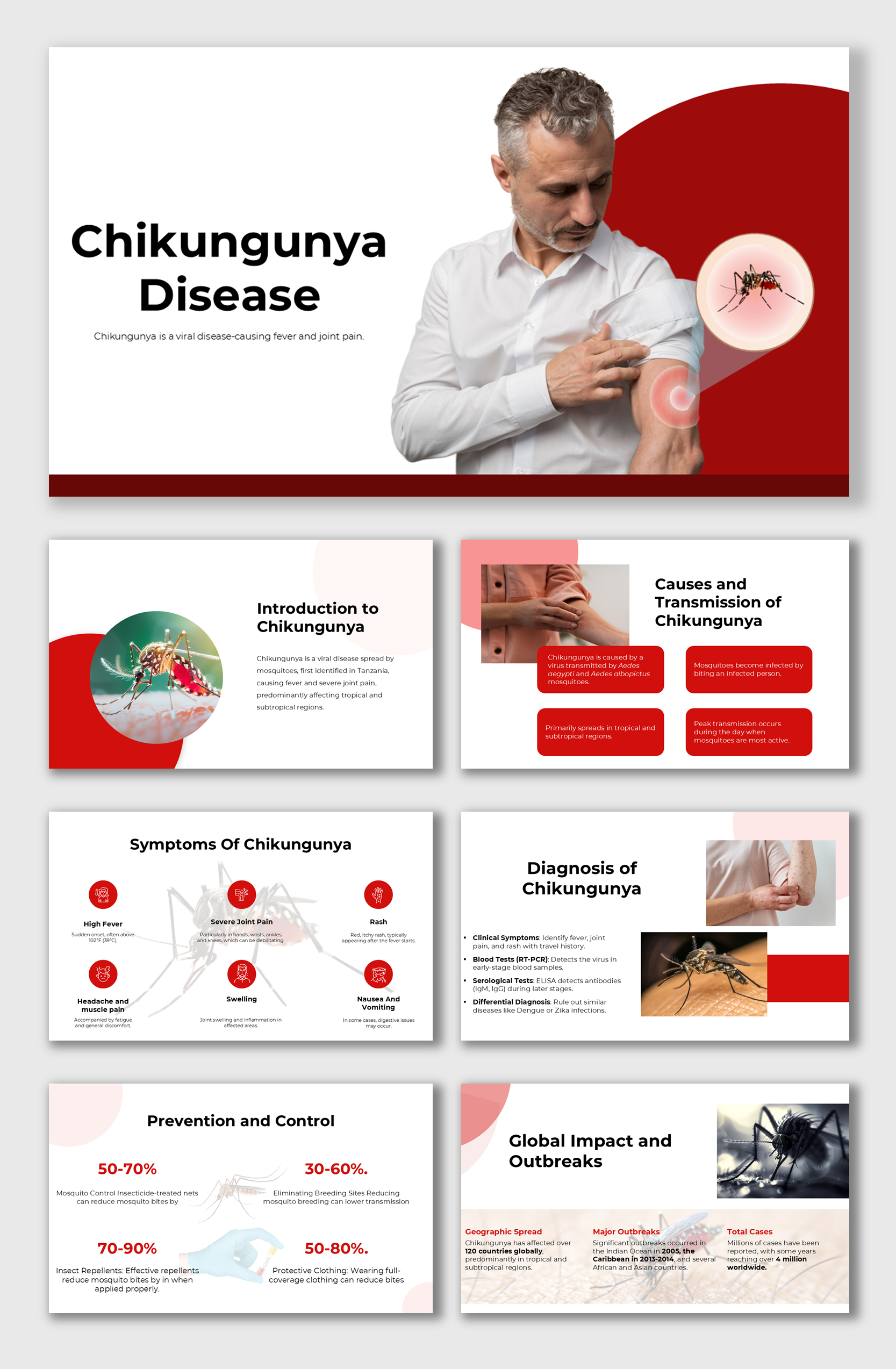 Chikungunya presentation with a man inspecting arm, mosquito imagery, and placeholder captions for disease details.