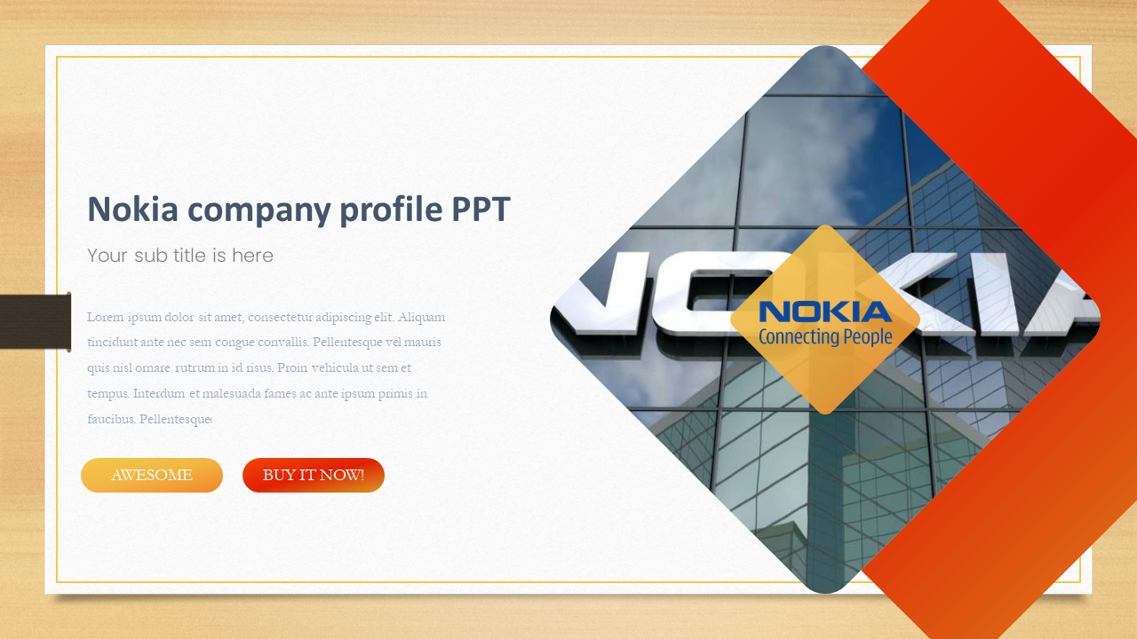 Nokia company profile slide with a logo image on the right inside a diamond shape and placeholder text on the left.