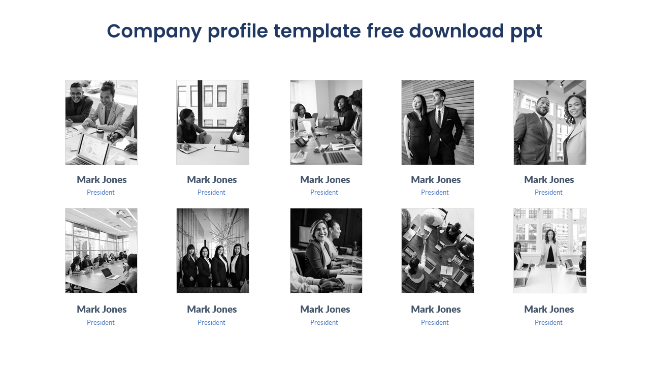 Company profile PowerPoint template with a grid layout showcasing business team members and their roles.