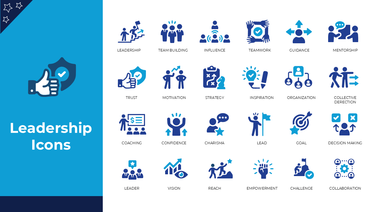 Leadership icons set with symbols for team building, guidance, strategy, and collaboration in a blue and white style.