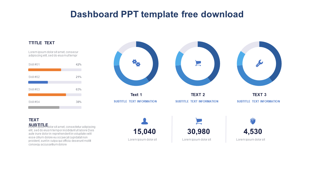 Modern dashboard PowerPoint template featuring circular progress charts, bar graphs, and key performance metrics.