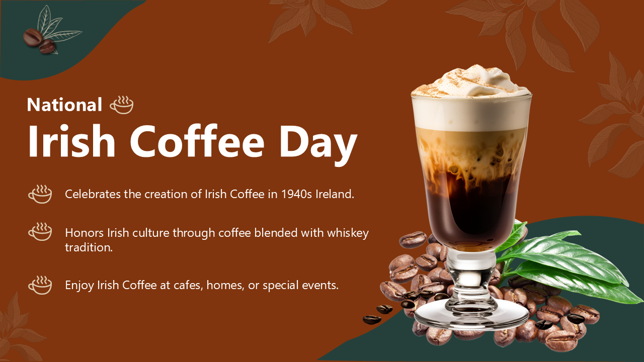 Irish Coffee Day banner with a glass of coffee, beans honoring the 1940s creation and cultural significance of Iris