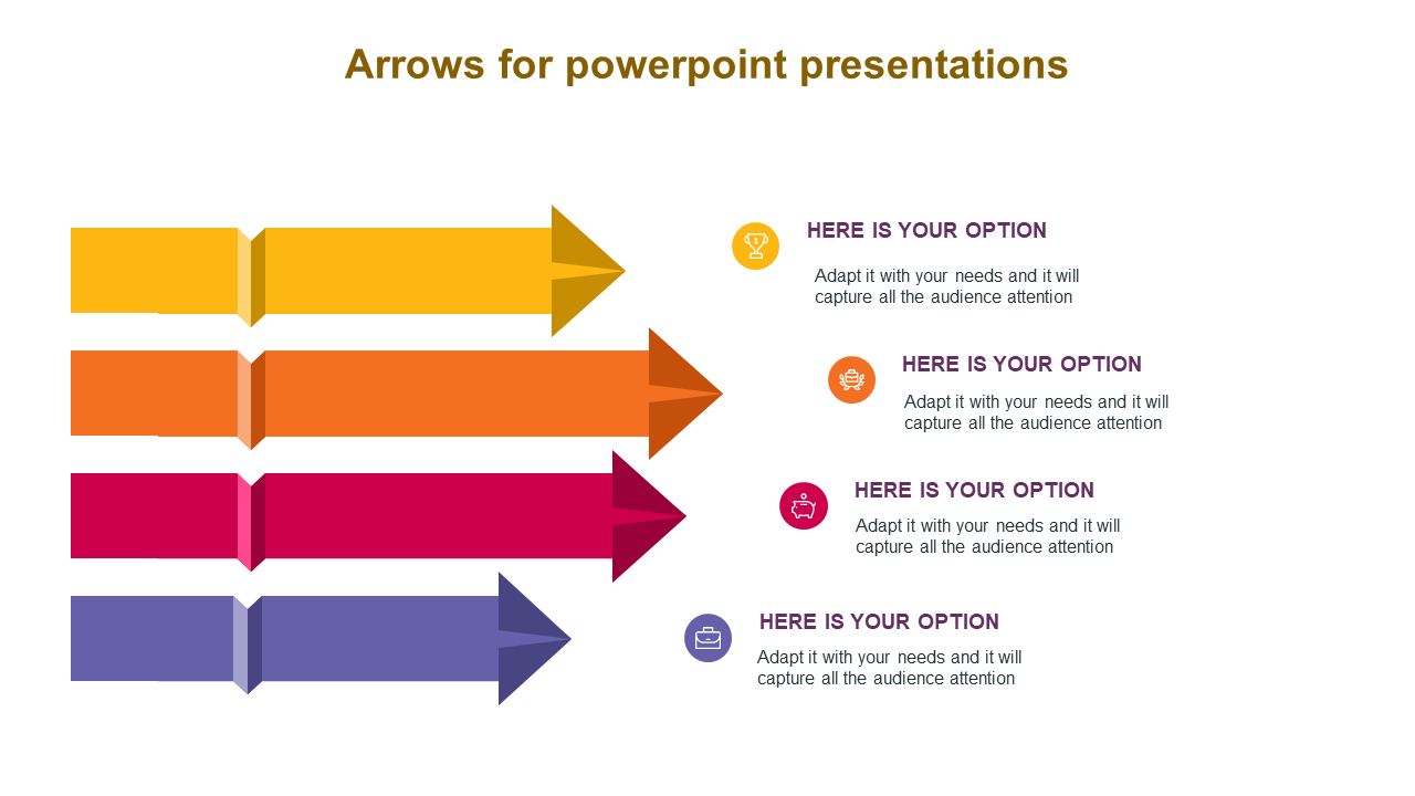 Four horizontal arrows in yellow, orange, pink, and purple pointing right with icons and options next to each.