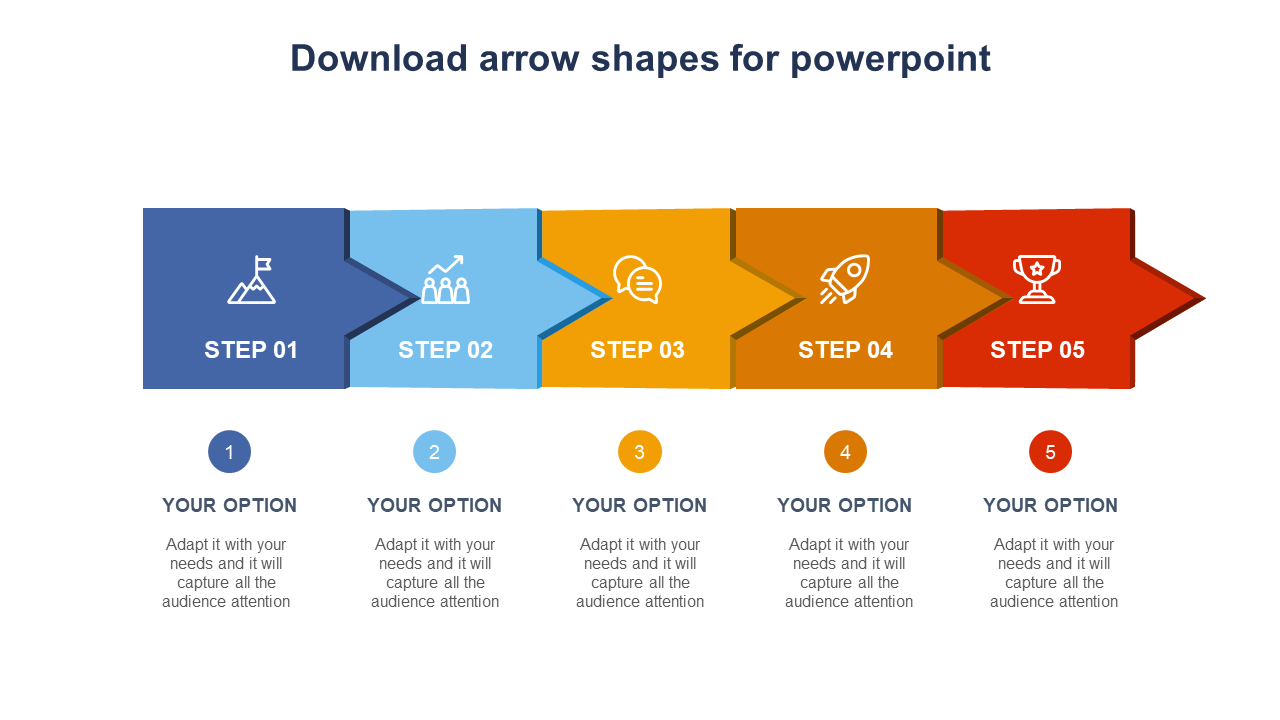 Colorful arrow sequence showing five steps in blue, teal, yellow, orange, and red with icons and numbered captions below.