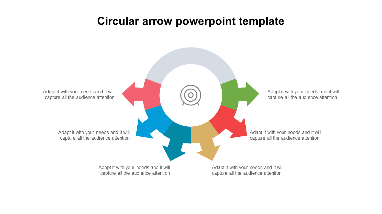 Circular diagram with six colorful arrows pointing outward around a central icon, with text around it.