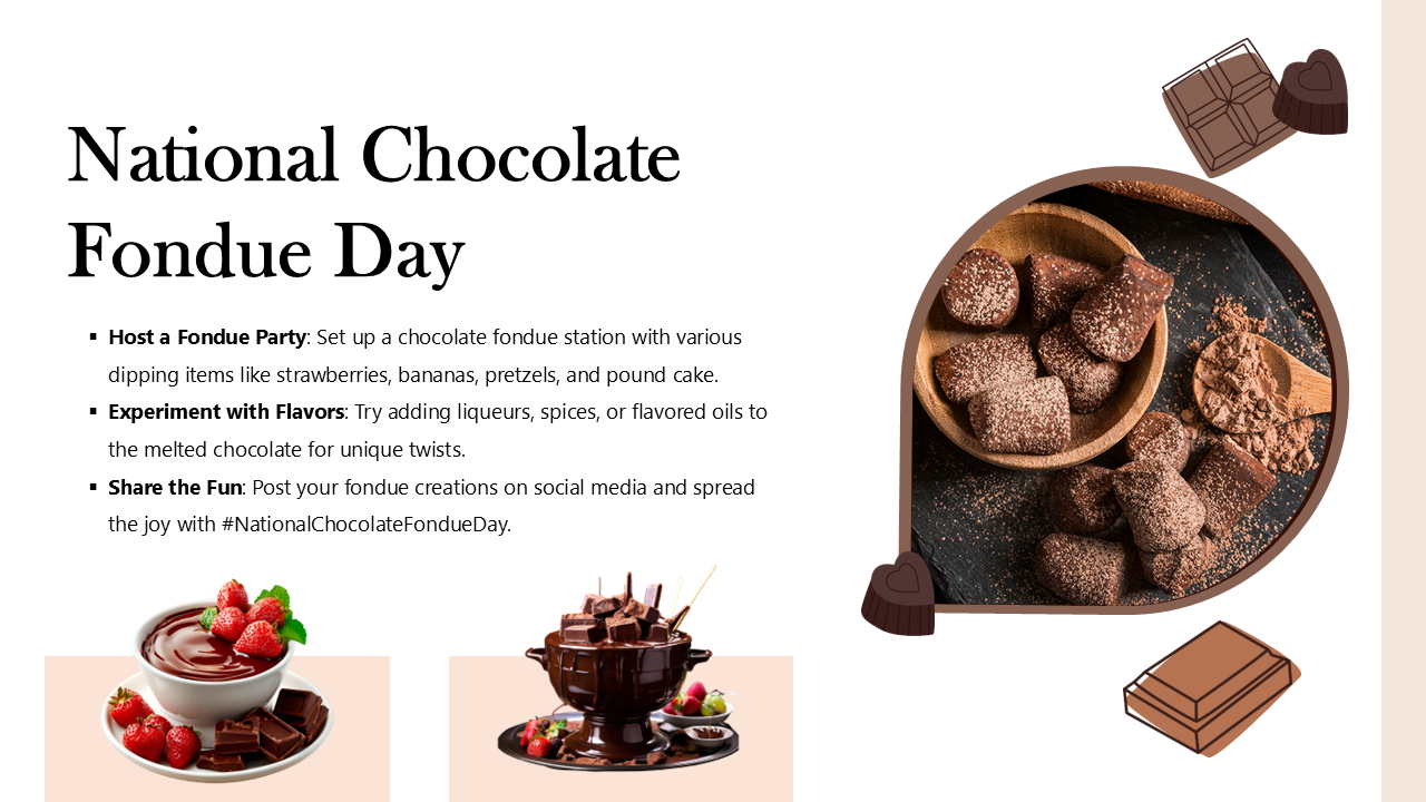 National Chocolate Fondue Day slide with images of chocolate treats, fondue setups, and placeholders for celebration ideas.