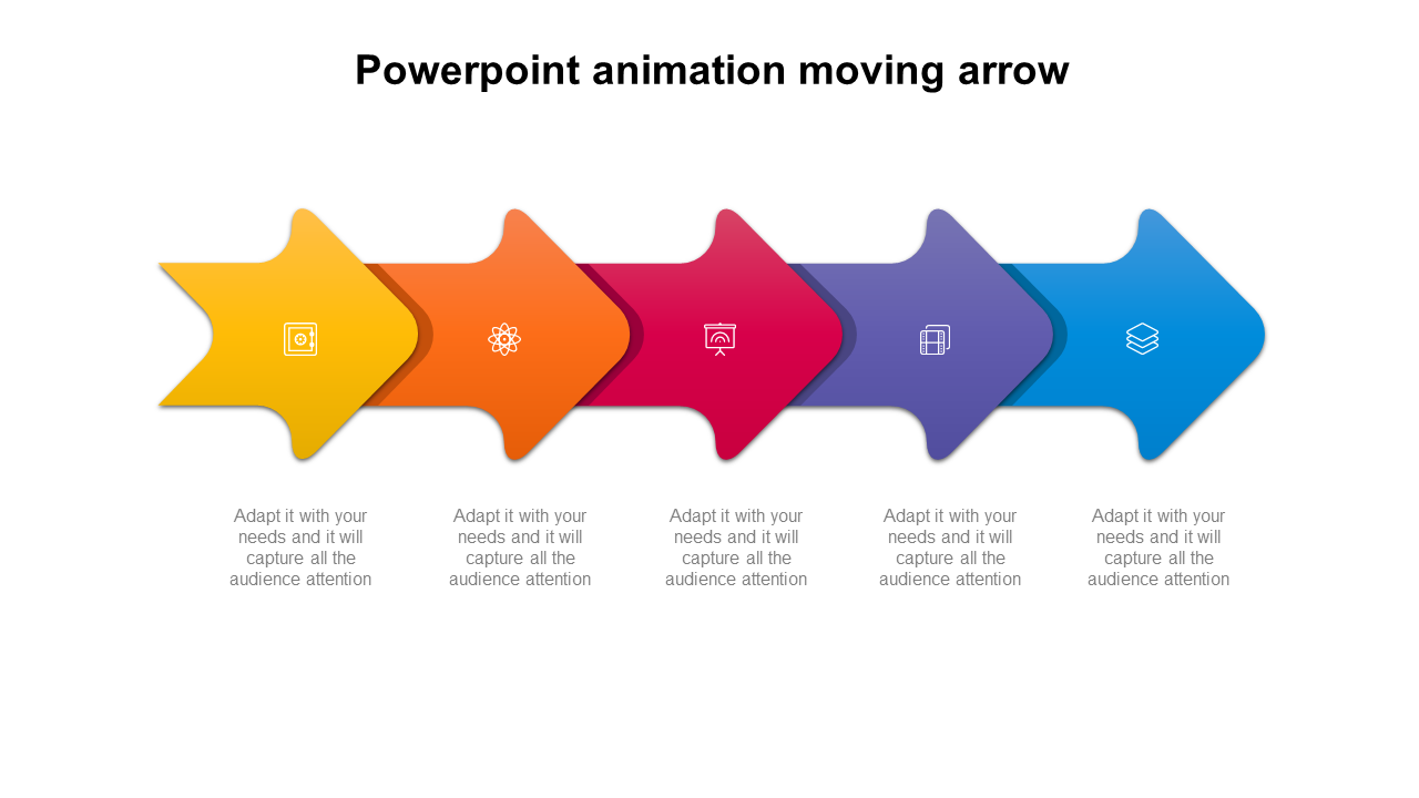 Colorful moving arrow animation slide with five steps in yellow, orange, red, purple, and blue, each with different icons.