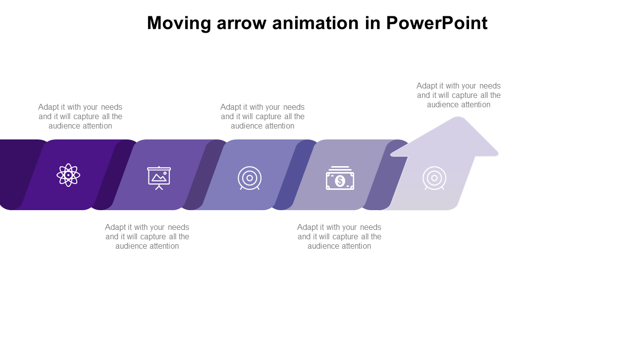 Series of purple gradient squares with icons leading into an arrow shape, representing forward movement.