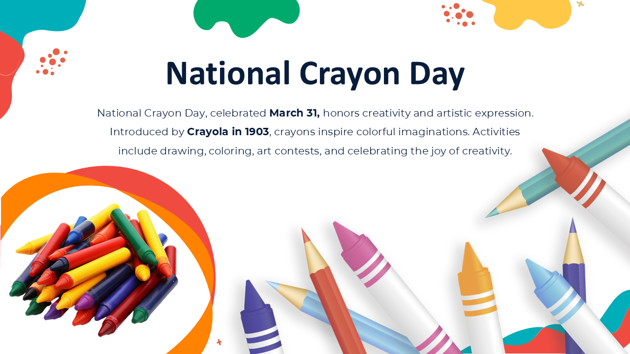 National Crayon Day with colorful crayons, artistic splashes, and text on creativity, drawing, coloring, and artistic.