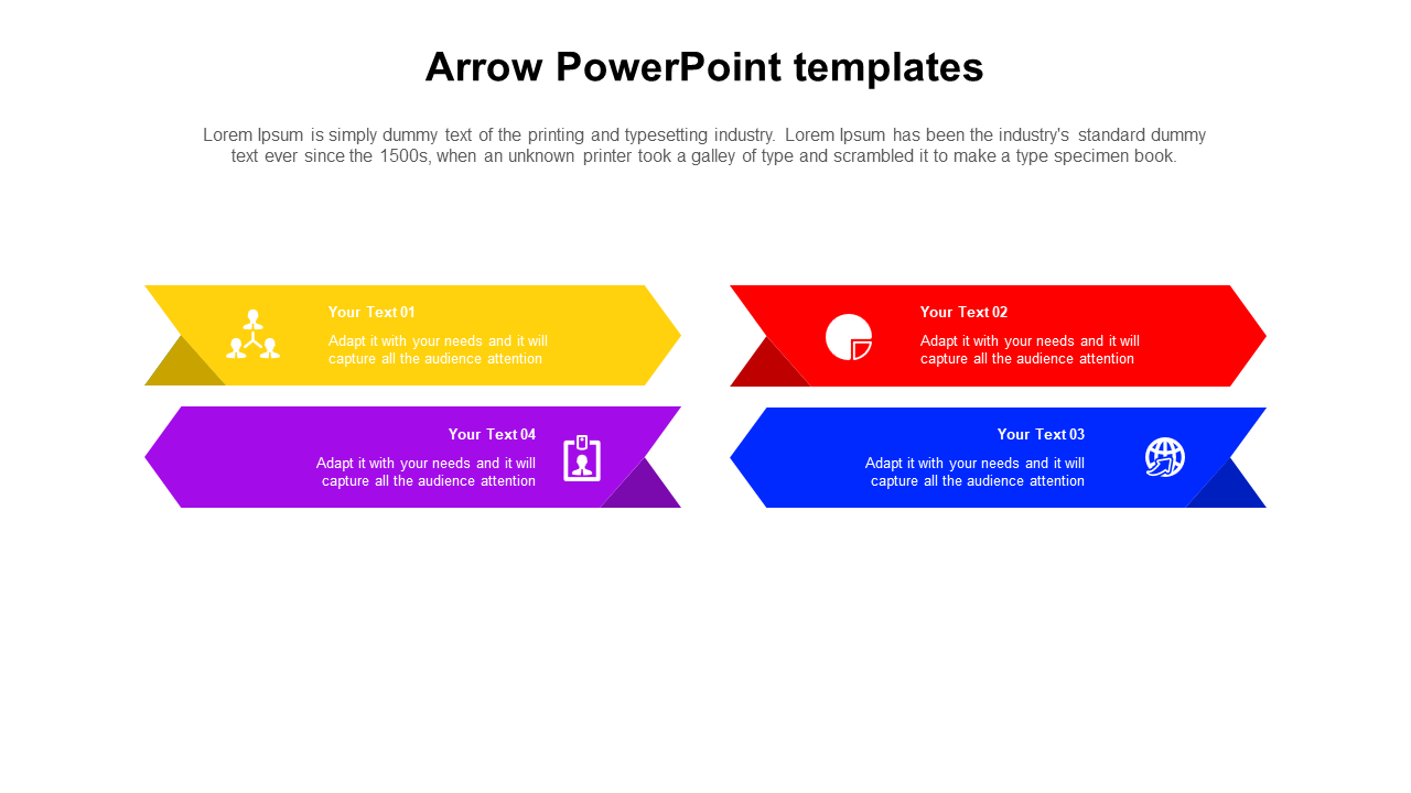 Infographic slide featuring four vibrant arrow shaped banners in yellow, red, blue, and purple with placeholders.