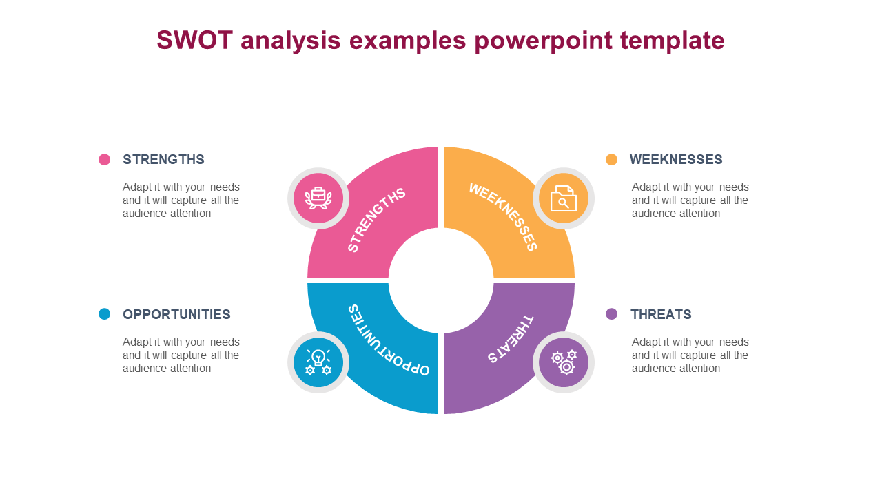 SWOT analysis template with a segmented circular chart in pink, orange, blue, and purple, with descriptions on each side.