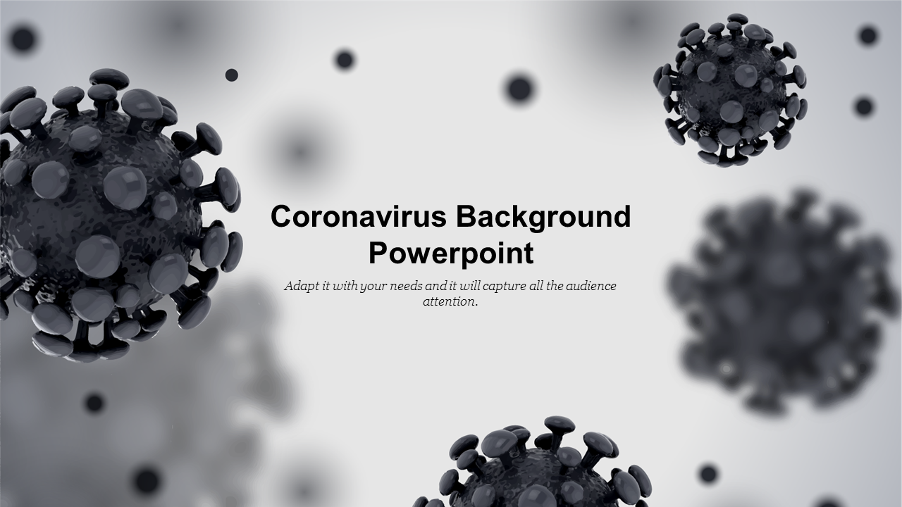 3D rendered coronavirus particles in grayscale floating against a blurred background with centered text.