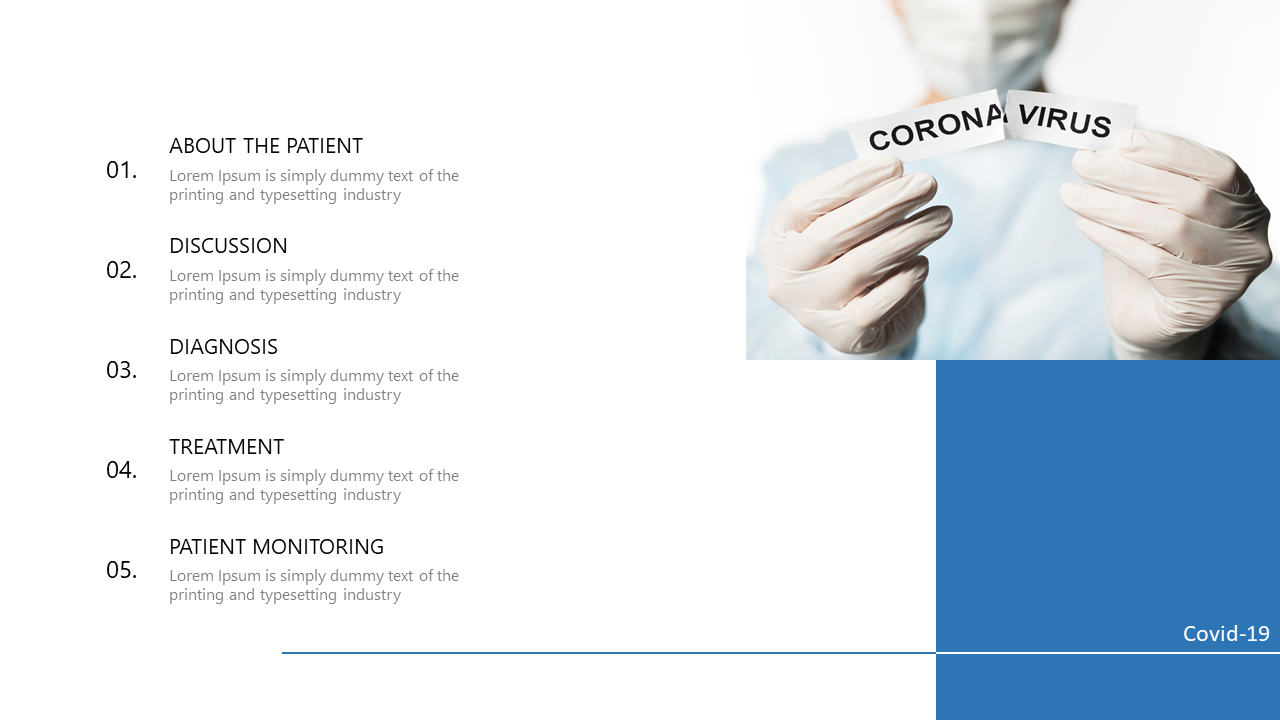 Coronavirus PPT slide displaying agenda points such as discussion and treatment, with a gloved doctor holding a torn label.