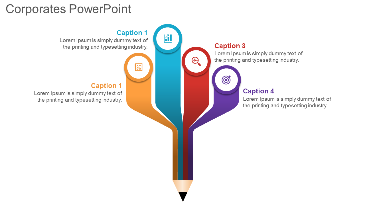 Infographic shaped like a pencil, splitting into four branches with text and icons, illustrating various corporate topics.