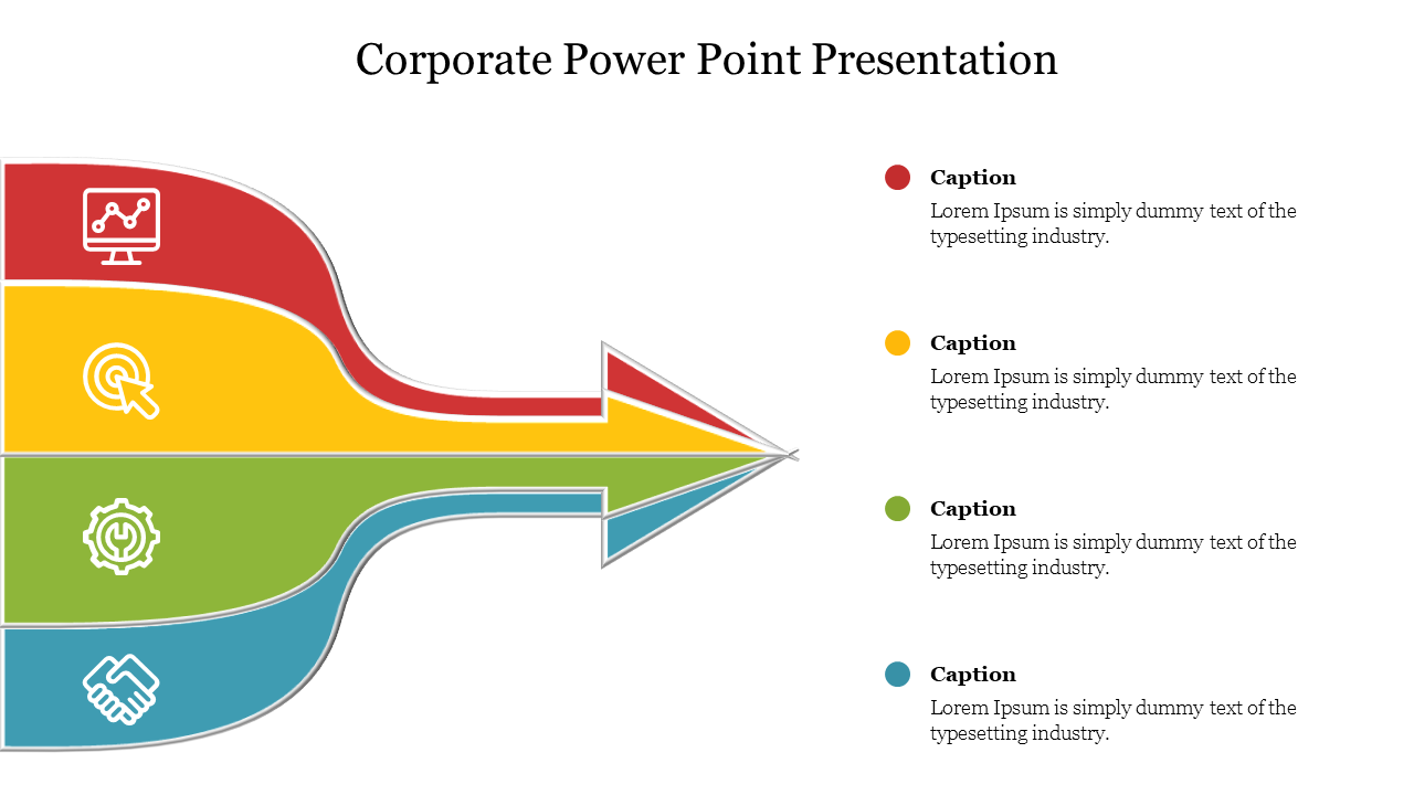 A corporate PowerPoint slide with a colorful shape and sections representing business concepts with icons.