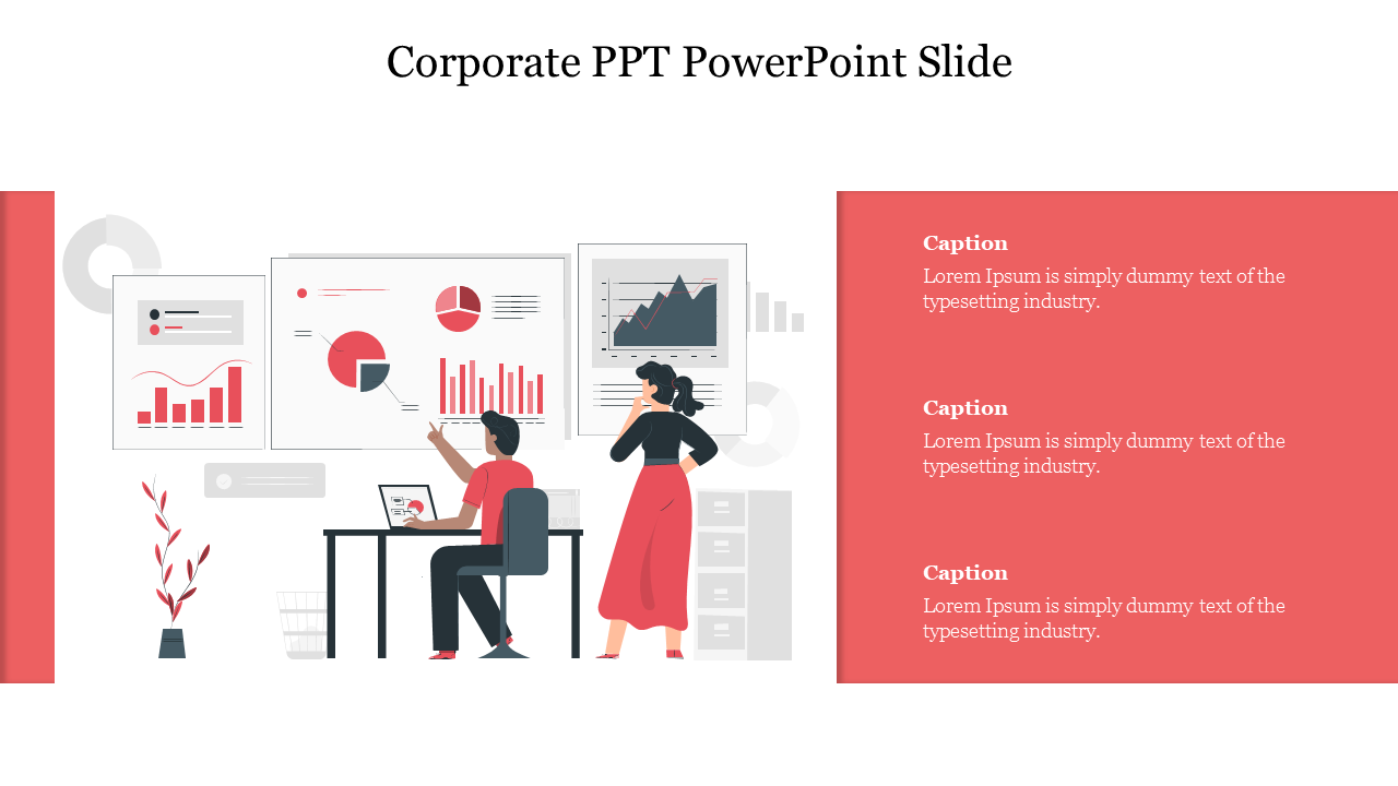 Corporate slide featuring an illustration of people analyzing charts on the left and a red box with captions on the right.