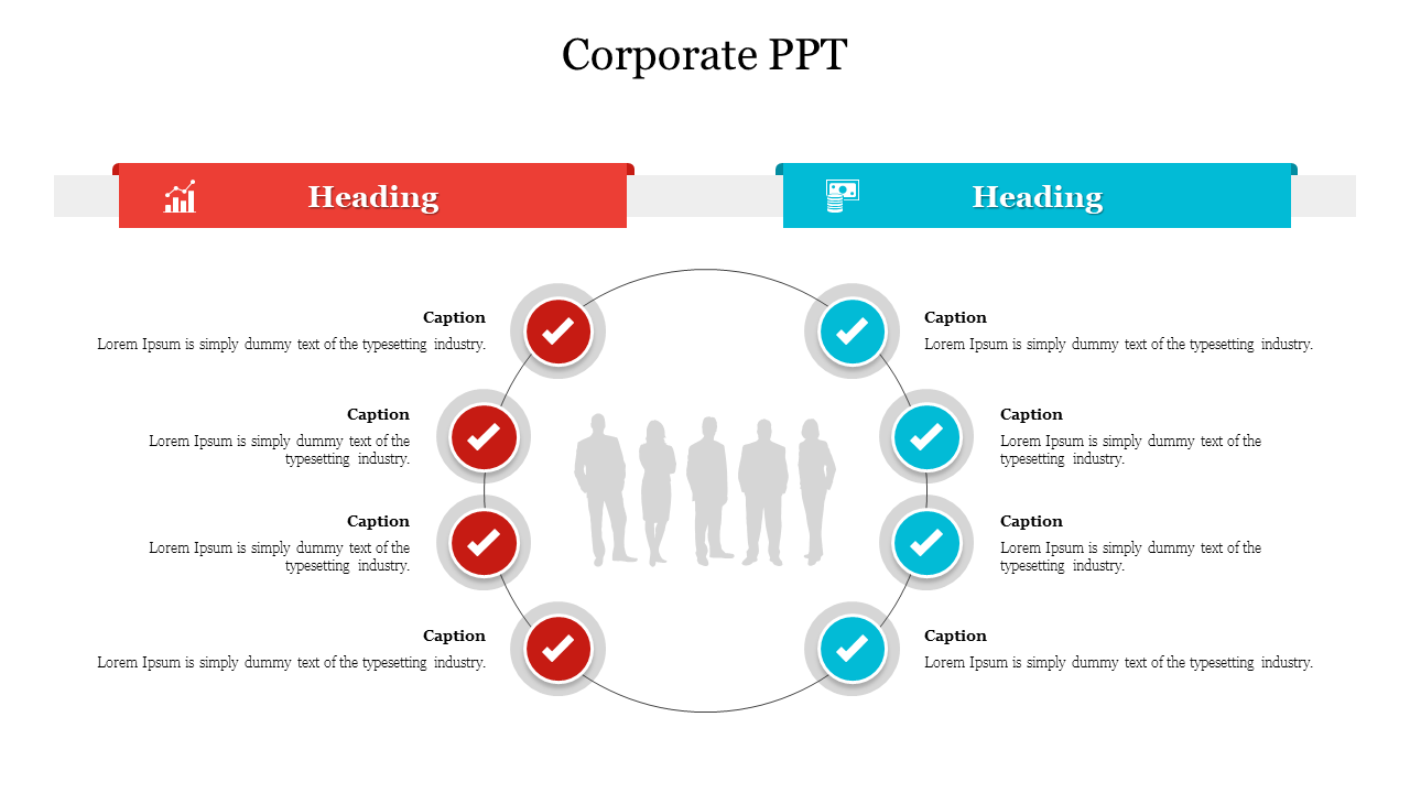 Corporate PPT slide with headings and captions, displaying icons and checkmarks alongside silhouettes of businesspeople.