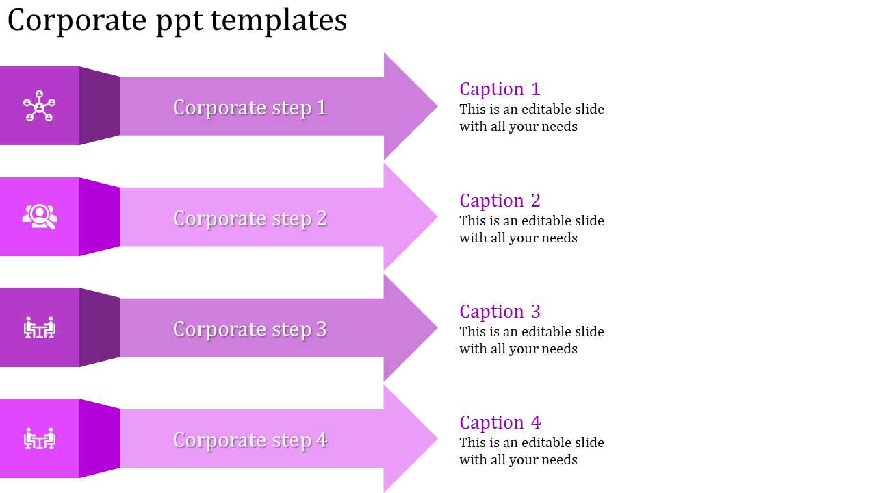 Corporate PowerPoint template with four steps represented by arrows and icons for teamwork, analysis, and business processes.