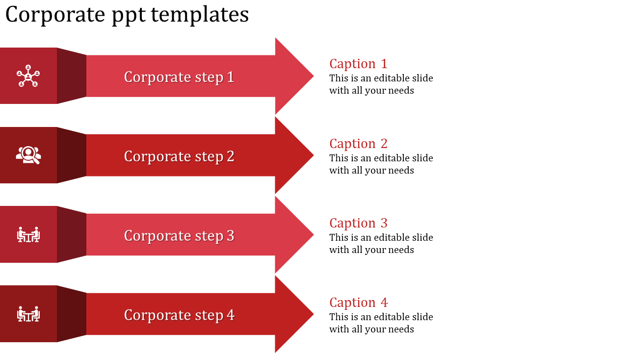 Corporate PowerPoint template with arrows representing four steps, each with icons symbolizing collaboration and strategy.