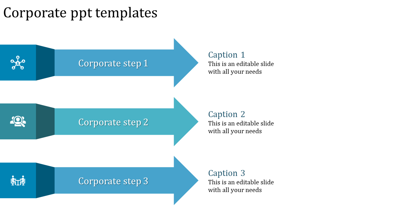 Corporate process infographic with three blue arrows pointing right, each featuring icons and captions areas.