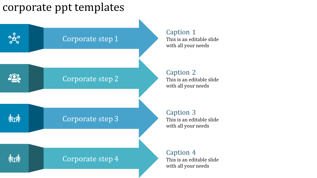 Corporate timeline template with four steps, by blue arrows and icons for networking, collaboration, and meetings.