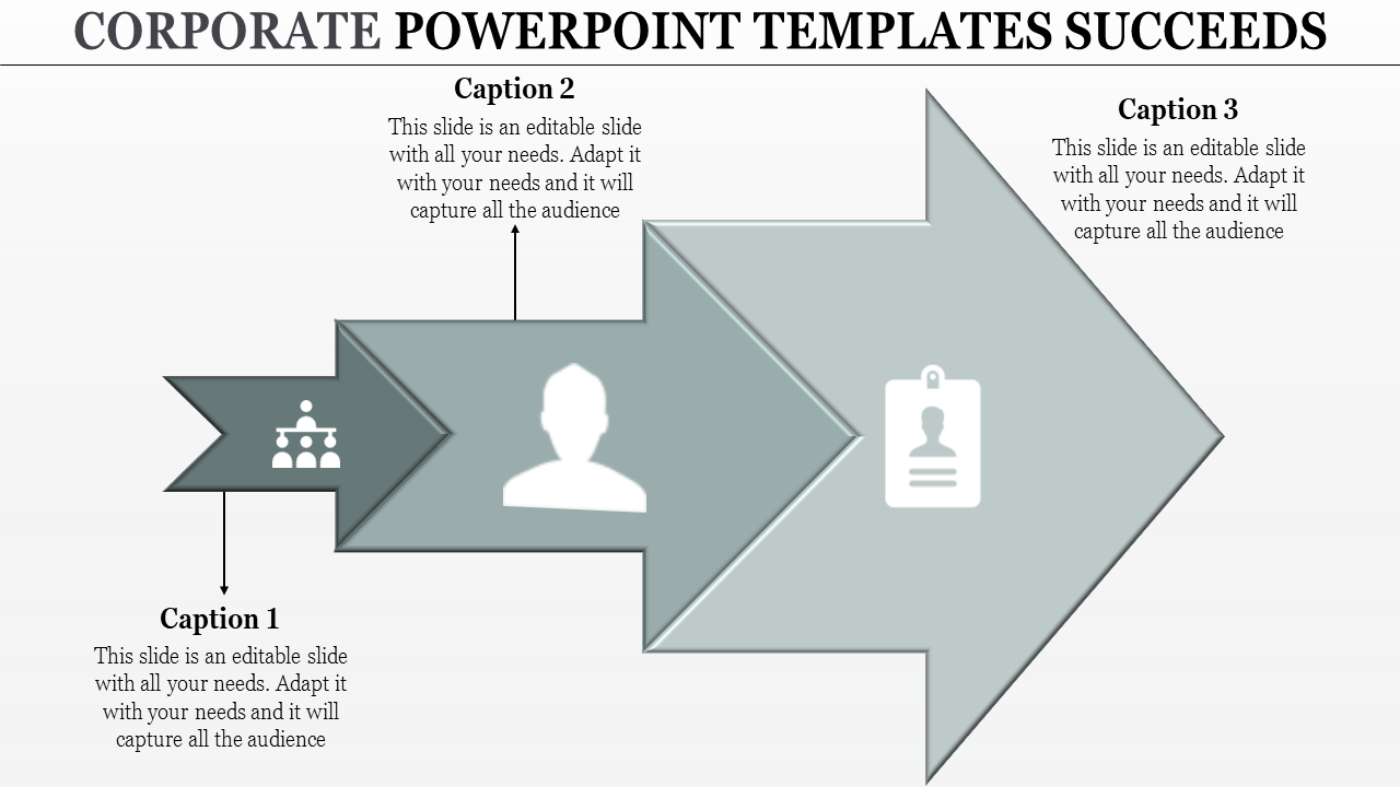 Sequential gray arrows increasing in size with three captions and relevant business icons representing success flow.