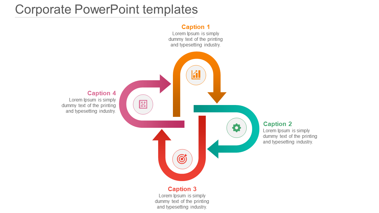 Corporate themed diagram with four arrows in orange, teal, red, and pink arranged in a circular flow, labeled captions.