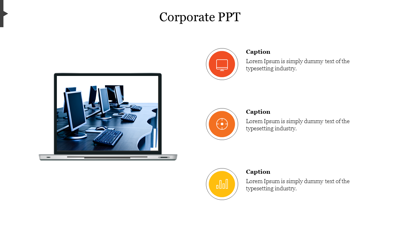 Corporate layout with a laptop image, monitors on a desk, and three orange-accented icons with captions areas.