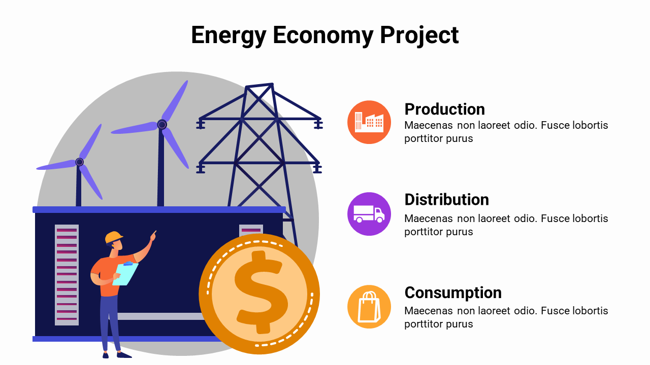 Illustration of a worker, along with wind turbines, power station, and dollar sign with three colorful icons with captions.