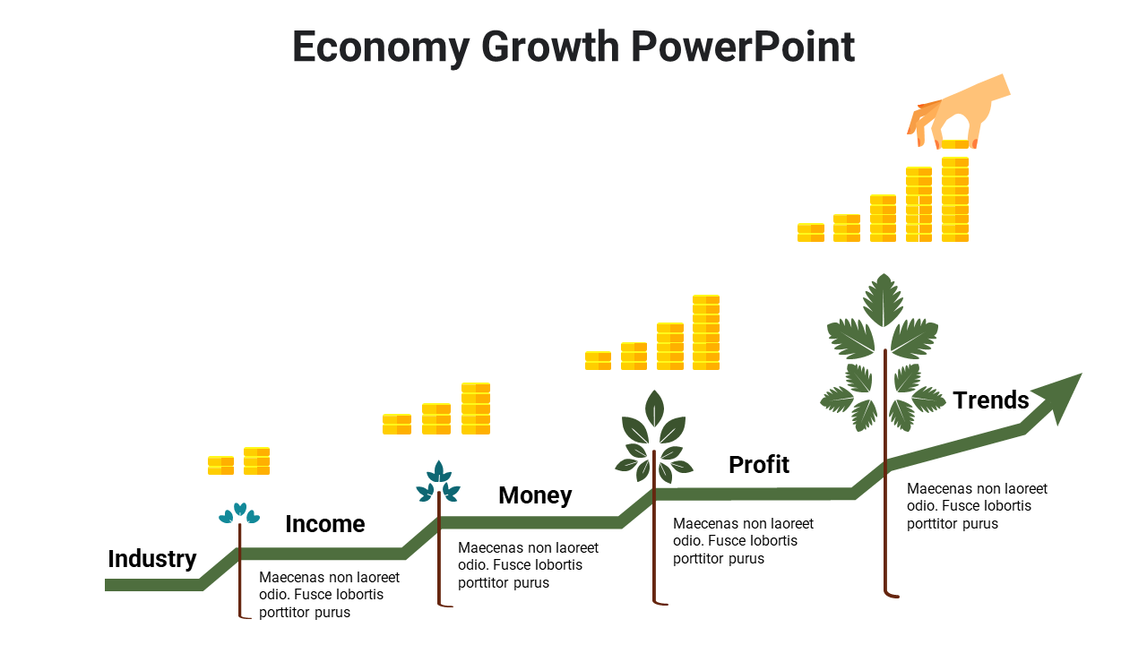 Infographic depicting economic growth with five stages, shown as a growing line with plants and stacks of gold coins.