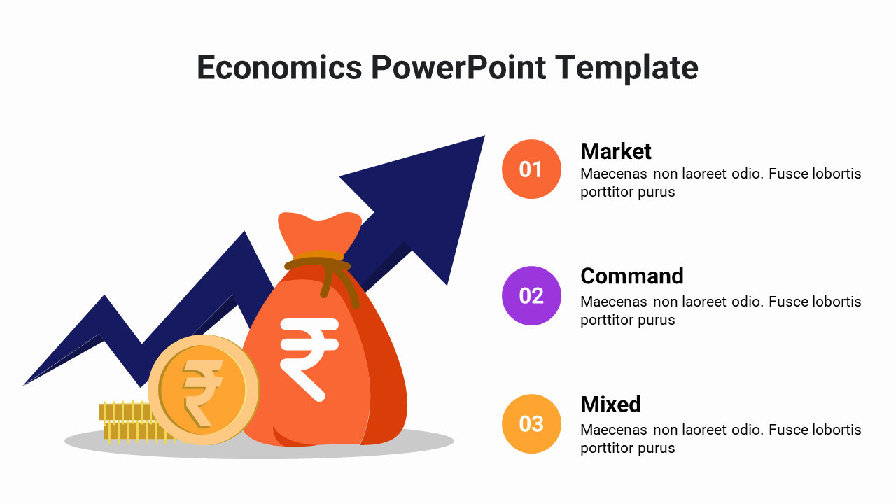 Economics slide with a bag of money and rising arrow, listing market, command, and mixed economic systems.