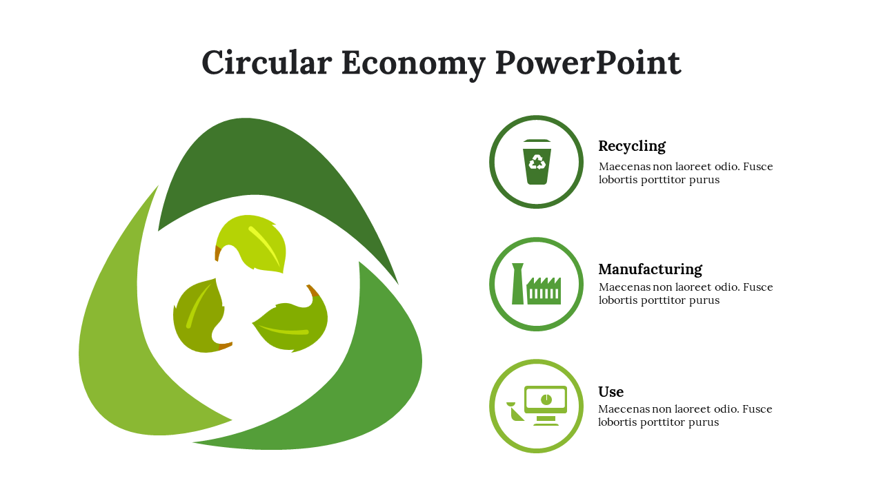 A green recycling symbol on the left and three circular icons with text, arranged vertically on the right.