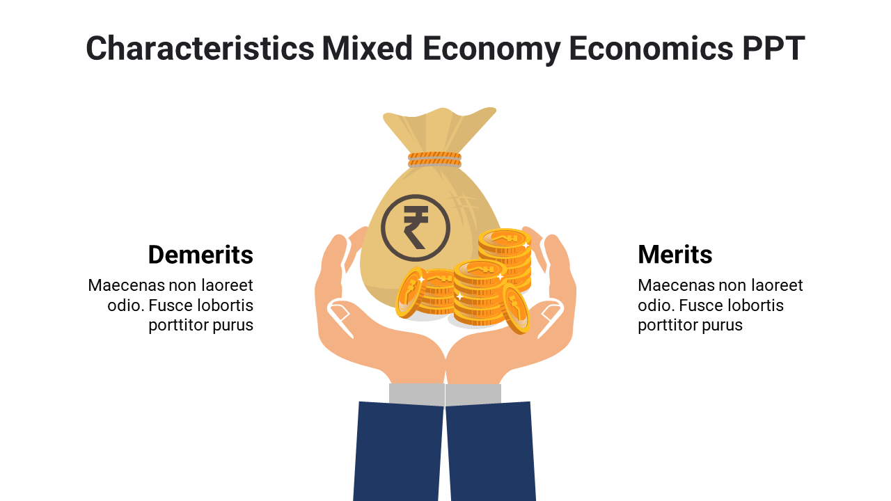 Mixed economy slide with a money bag and coins in hand illustration, showing merits on the right and demerits on the left.