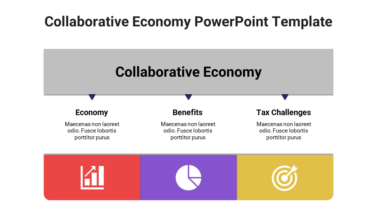 Slide showing collaborative economy with a central gray bar, captions and three colorful icons below.