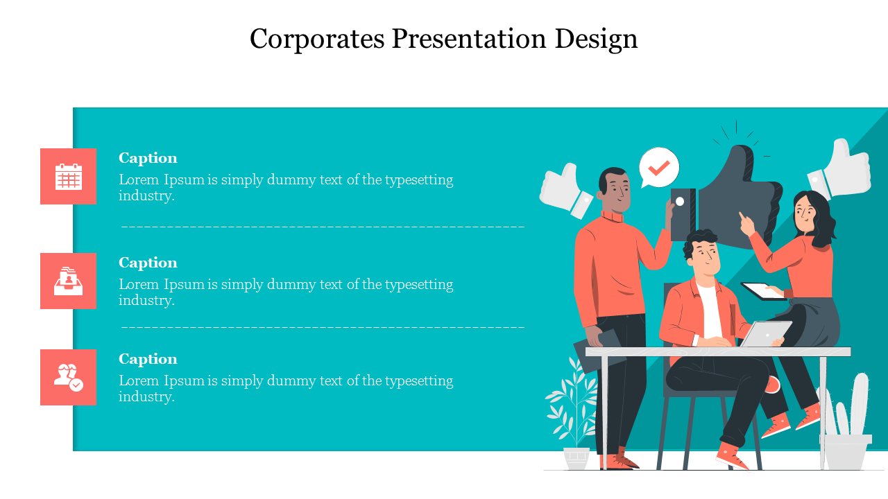 Corporate slide with three red icons and an illustration of a team working on the right, set on a teal background.